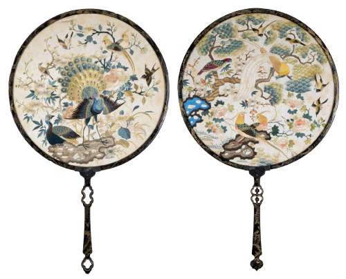 A PAIR OF CHINESE SILK EMBROIDERED LACQUER FANS, QING DYNAST...