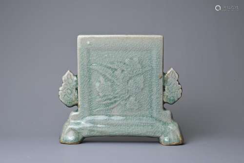 A SMALL CHINESE CELADON GLAZED PORCELAIN TABLE SCREEN, 18/19...