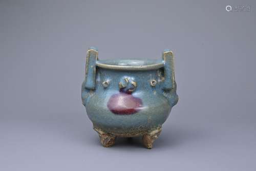 A SMALL CHINESE JUN PURPLE SPLASHED TRIPOD CENSER. With squa...