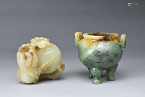 TWO CHINESE CARVED JADE ITEMS. Comprising: a tripod censer o...