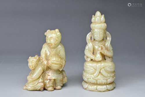 A CHINESE CARVED JADE FIGURE OF A GUANYIN AND A FIGURE GROUP...