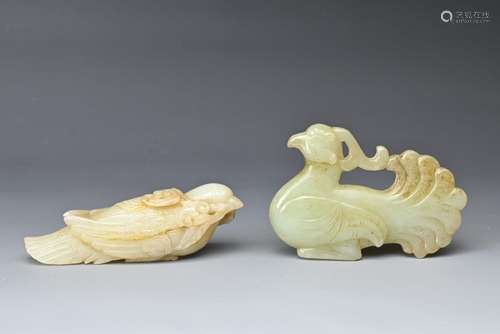 TWO CHINESE CARVED JADE BIRDS.  Pale in colour, the first ca...