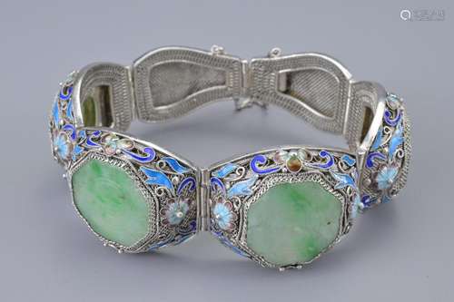 A CHINESE ENAMELLED SILVER FILIGREE JADE BRACELET, 20TH CENT...