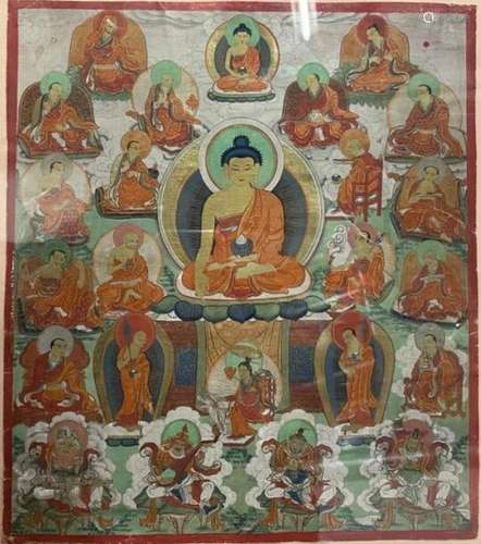 CHINE, XIXe SIÈCLE
Tangka
Bouddha Shakyamuni et son pan