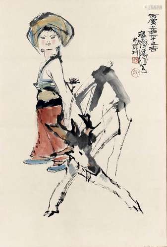 程十发 1921-2007 少女与鹿