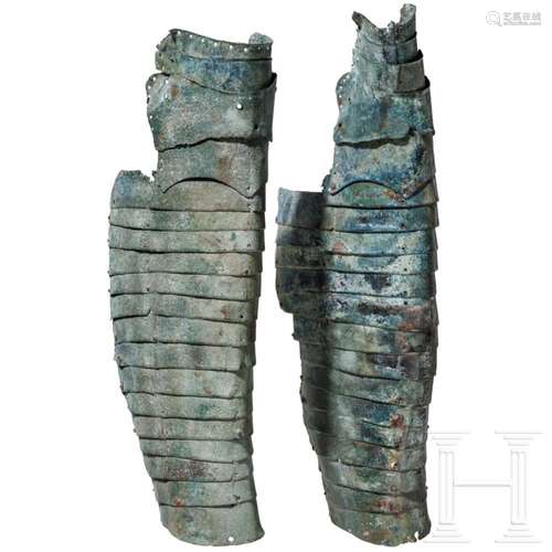 A pair of Roman lamellar greaves of an armoured rider (cataf...