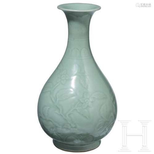 A Longquan-celadon moulded Yuhuchun vase, probably Ming Dyna...