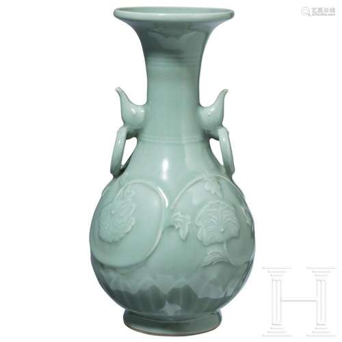 A moulded Longquan celadon vase, probably Ming Dynasty (1368...