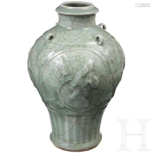 A molded Longquan celadon vase, probably Ming Dynasty