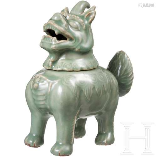 A Chinese lion-shaped Longquan-celadon censer, probably Ming...