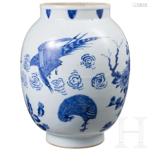 A Chinese blue and white jar with flowers, probably Kangxi p...