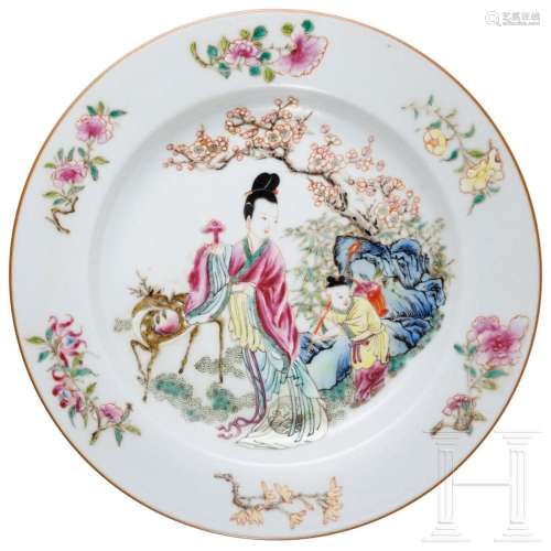 A Chinese famille rose dish showing Magu, probably Yongzheng...