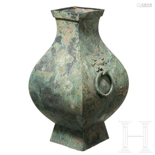 A Chinese bronze vessel of Fanghu type, Han Dynasty, 206 B.C...