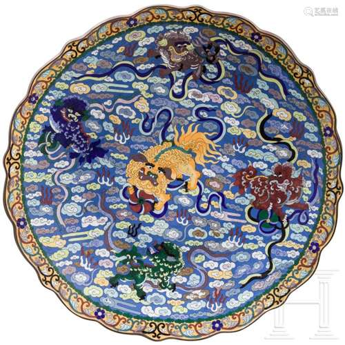 A large Chinese bronze and cloisonne lion dish, 20th century