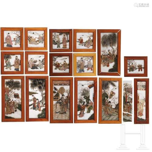 A Chinese folding screen set with 17 painted marble tiles, 1...