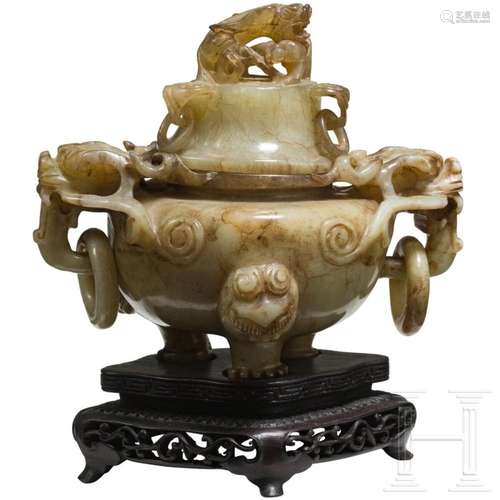 A Chinese jade incense burner on lion feet, 20th century