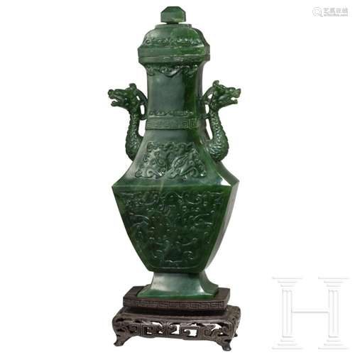 A Chinese jade vase with dragon handles, 20th century