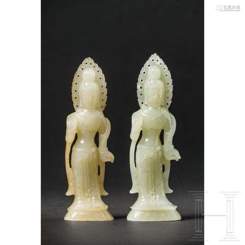 A pair of Chinese carved jade Guanyin figures, 20th century