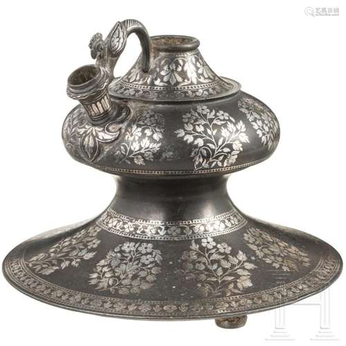 An Indian silver-inlaid Bidriware Hookah-base pot, late 19th...