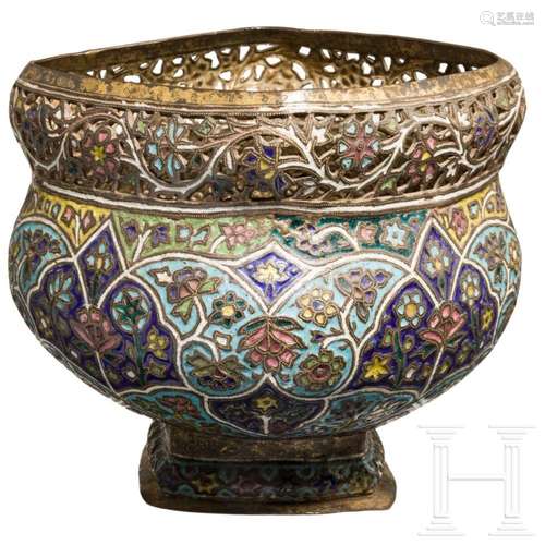 A partially gilt bronze and polychrome enamel bowl, Kashmir,...