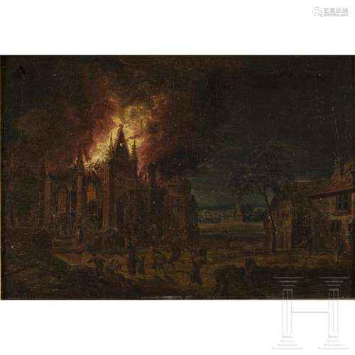 A Flemish/Dutch night scene with a burning church, 17th/18th...