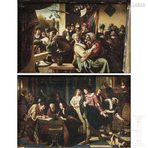 A pair of small Flemish paintings in the manner of Jan Steen...