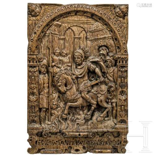 A German wooden relief with depiction of Marcus Curtius jump...