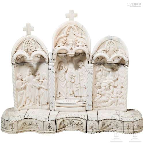 A carved hippo-teeth altar (crucifixion group), probably 19t...