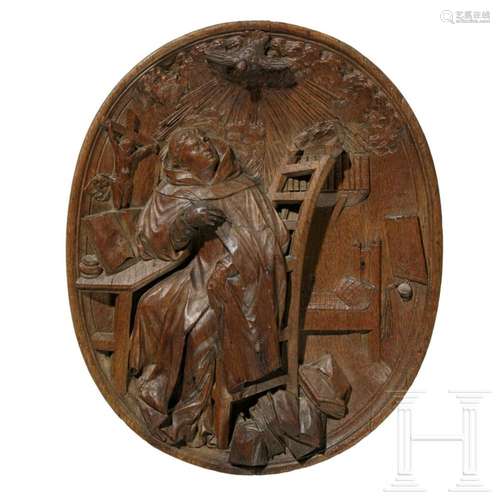 A carved Franconian oak panel showing St. Francis, 18th cent...