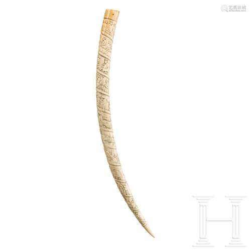 An African carved elephant tusk, probably Congolese, circa 1...