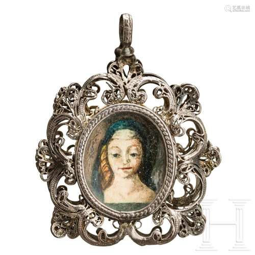 A South German silver rosary pendant with picture of St. Mar...