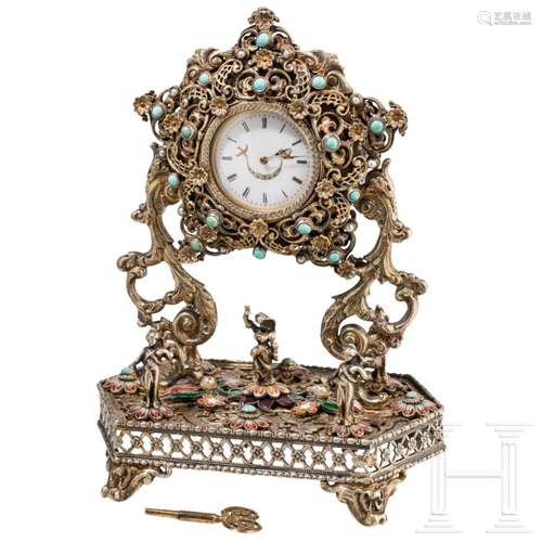 A French silver-gilt enamel and turquoise table clock, 19th ...