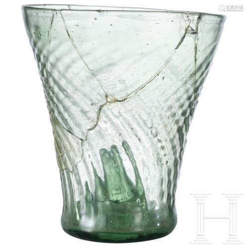 A German ribbed glass beaker, circa 1500