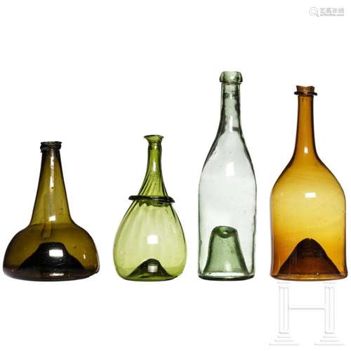 Four Flemish glass bottles, 18th/19th century