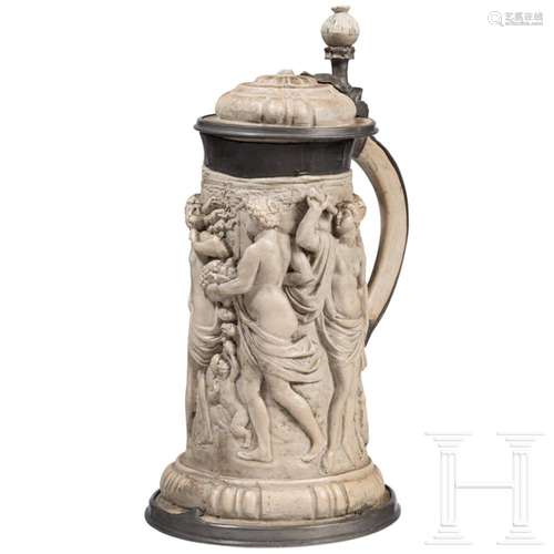 A large German pewter-mounted earthenware tankard, circa 188...