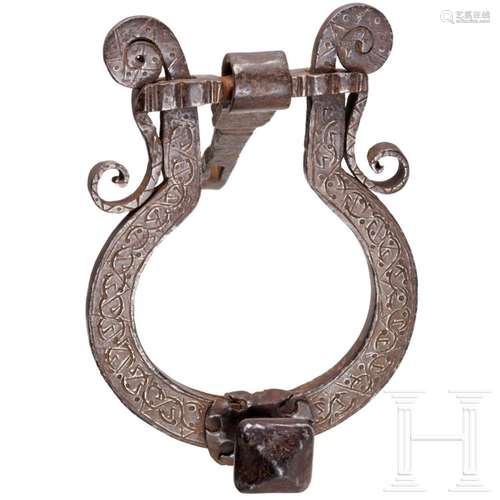 A large Tyrolean wrought-iron door knocker, circa 1600