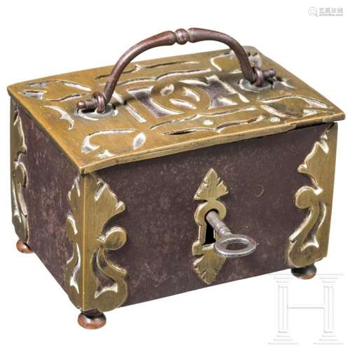 A small German brass-mounted strongbox, 18th century