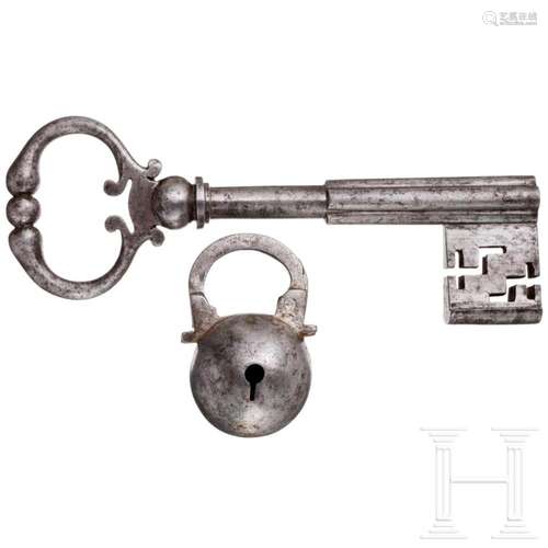 An Italian iron key and padlock, 17th/18th century