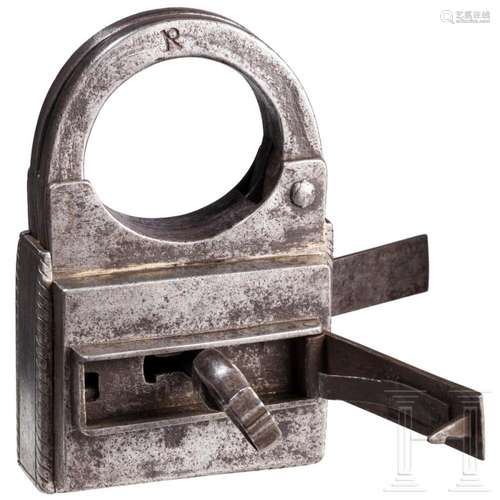 A large German double-sided iron padlock with secret mechani...