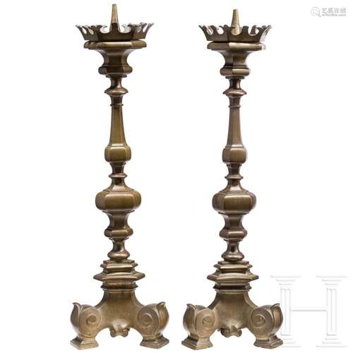 A pair of Italian brass pricket candlesticks, 2nd half of th...