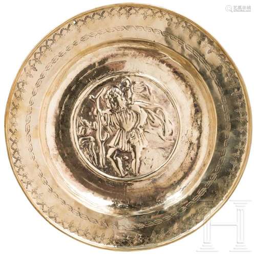 A brass alms dish showing Saint Christopher, Nuremberg, 16th...