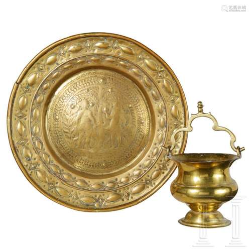 A Dutch or Flemish alms dish and holy water bucket, 17th/18t...