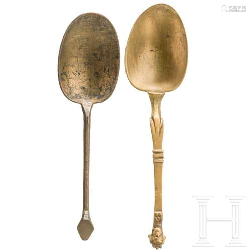 Two German bronze medicine spoons, 17th/18th century