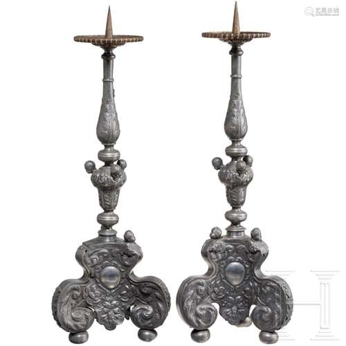 A pair of fine pewter pricket-candlesticks, Augsburg, 2nd ha...