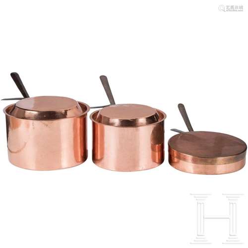 Two copper pots and a pan with lids, Marienburg Castle, mid-...