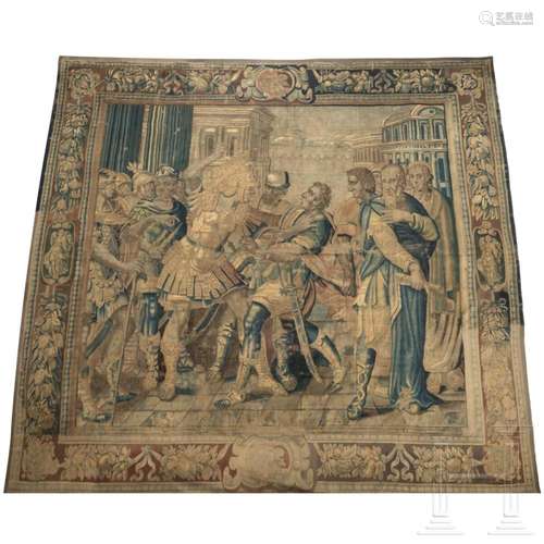 A large Flemish tapestry with a scene from the life of Alexa...