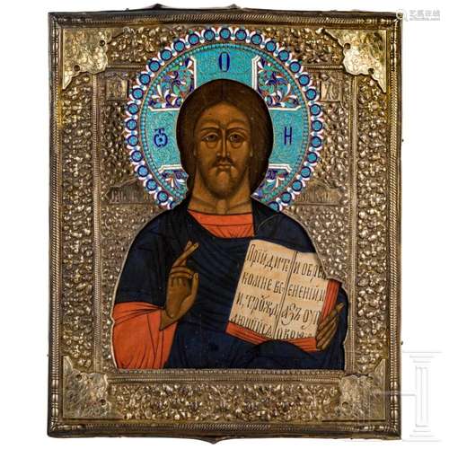 A Russian icon showing Christ Pantokrator with silver-gilt a...