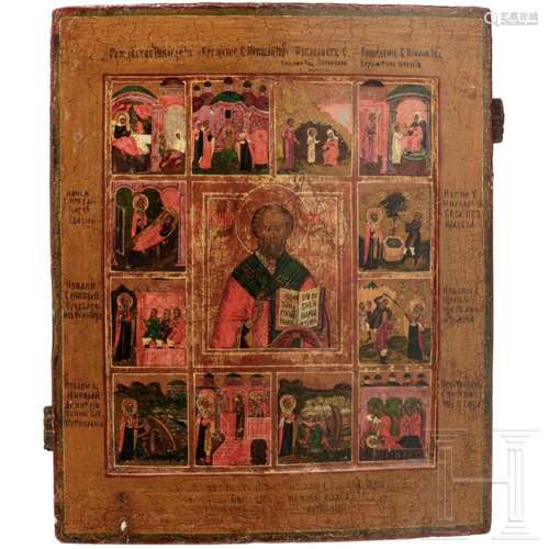 A large Russian icon showing St. Nicholas of Myra with scene...