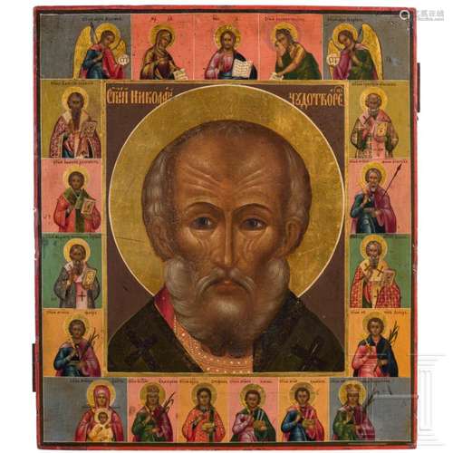 A delicately painted, large Russian icon showing St. Nichola...