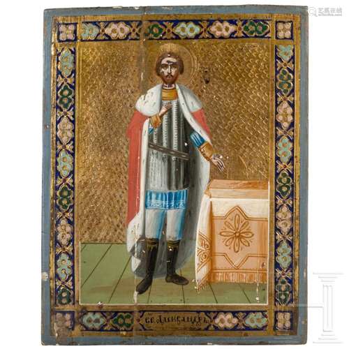 A small Russian icon showing St. Alexander Nevsky, late 19th...